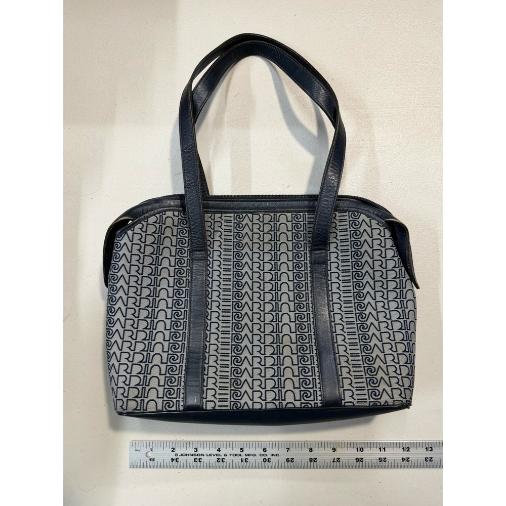 Pierre Cardin Vintage Monogram Logo Canvas Leather Trim Shoulder Bag Navy Grey